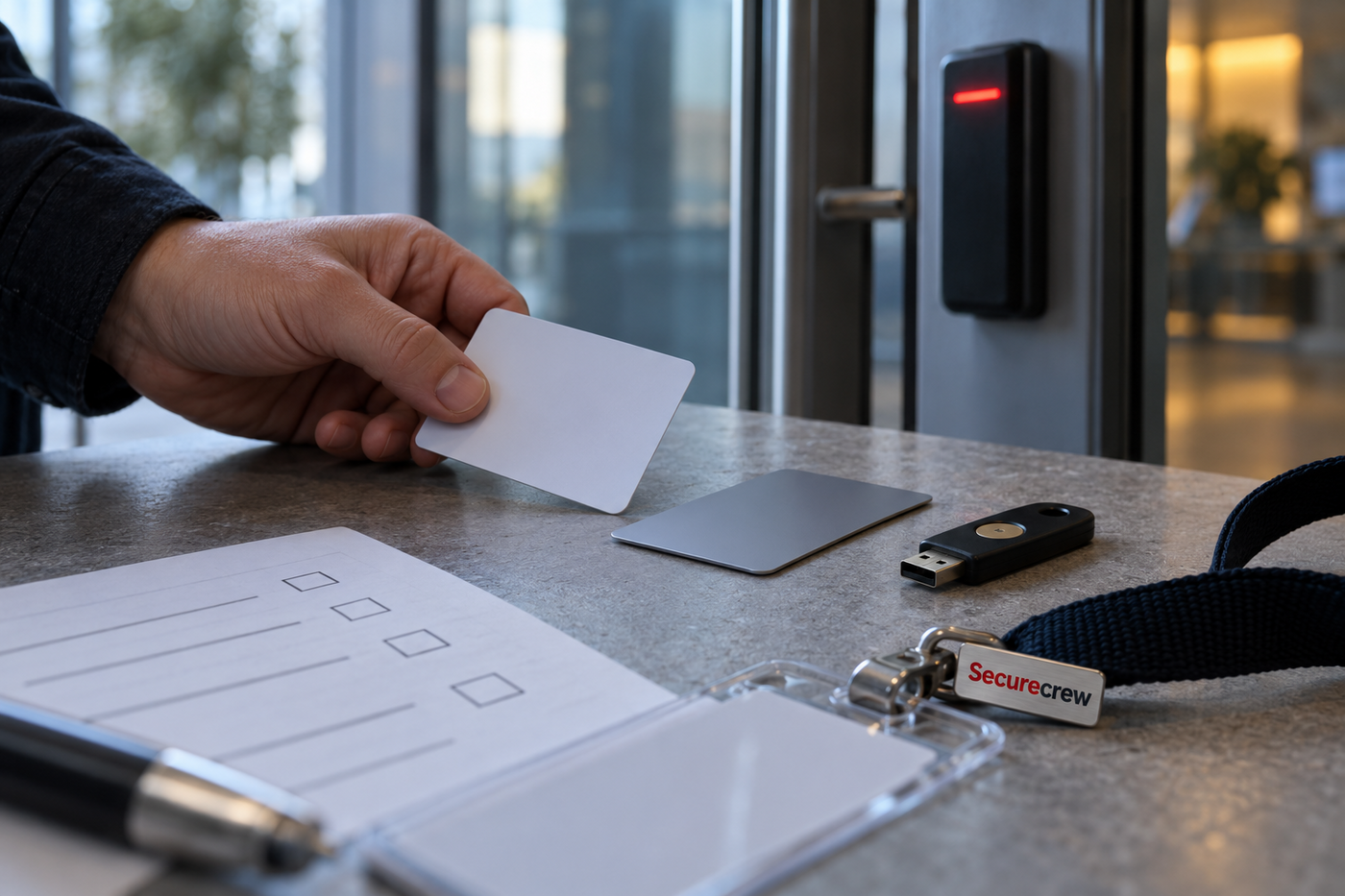 Una mano presenta una tarjeta de acceso ante un lector junto a otra tarjeta y una llave de seguridad USB; el clip metálico de la cinta lleva el wordmark Securecrew.