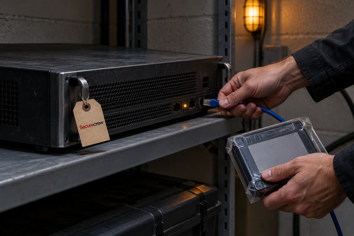 Una mano desconecta el cable de red de un servidor de montaje en rack y otra sostiene una unidad de almacenamiento dentro de una bolsa transparente; del equipo cuelga una etiqueta con el wordmark Securecrew.
