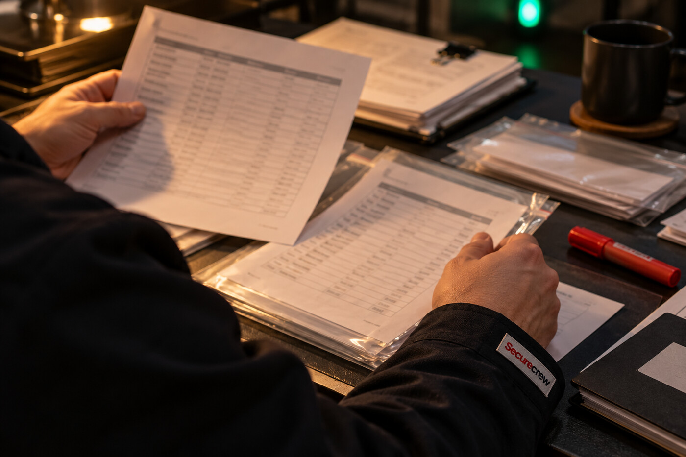 Un analista de respuesta compara formularios de transacciones en fundas transparentes sobre una mesa nocturna; la etiqueta Securecrew está cosida a su manga.