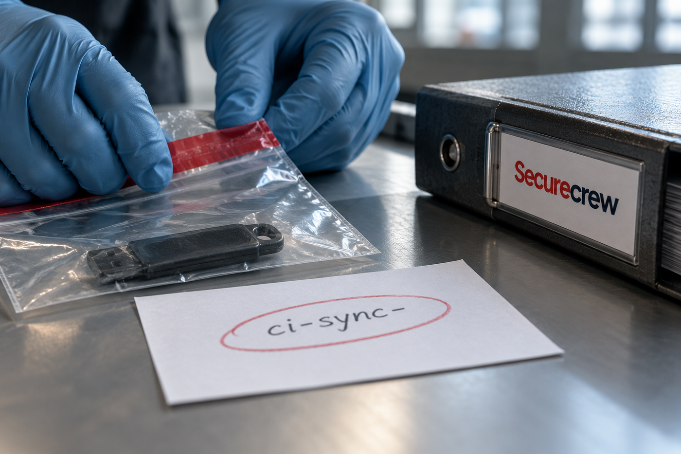 Guantes azules sellan una bolsa de evidencia con una llave USB; una tarjeta marca en rojo el prefijo ci-sync- y la placa del archivador muestra Securecrew.
