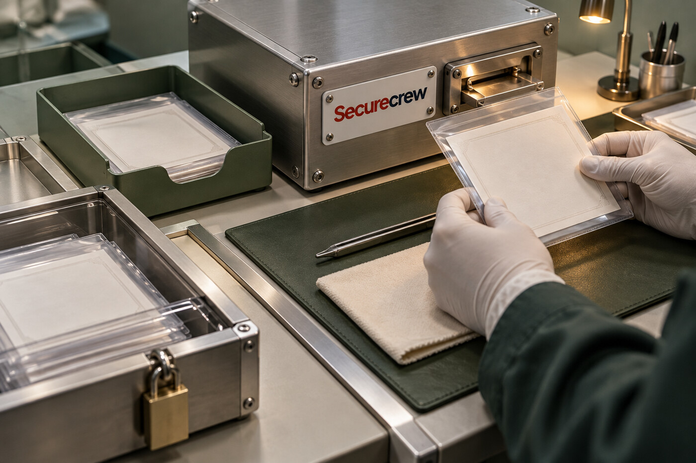 Una mano con guante sostiene una funda transparente de certificado junto a un módulo de firma metálico con la etiqueta Securecrew y bandejas de solicitudes.
