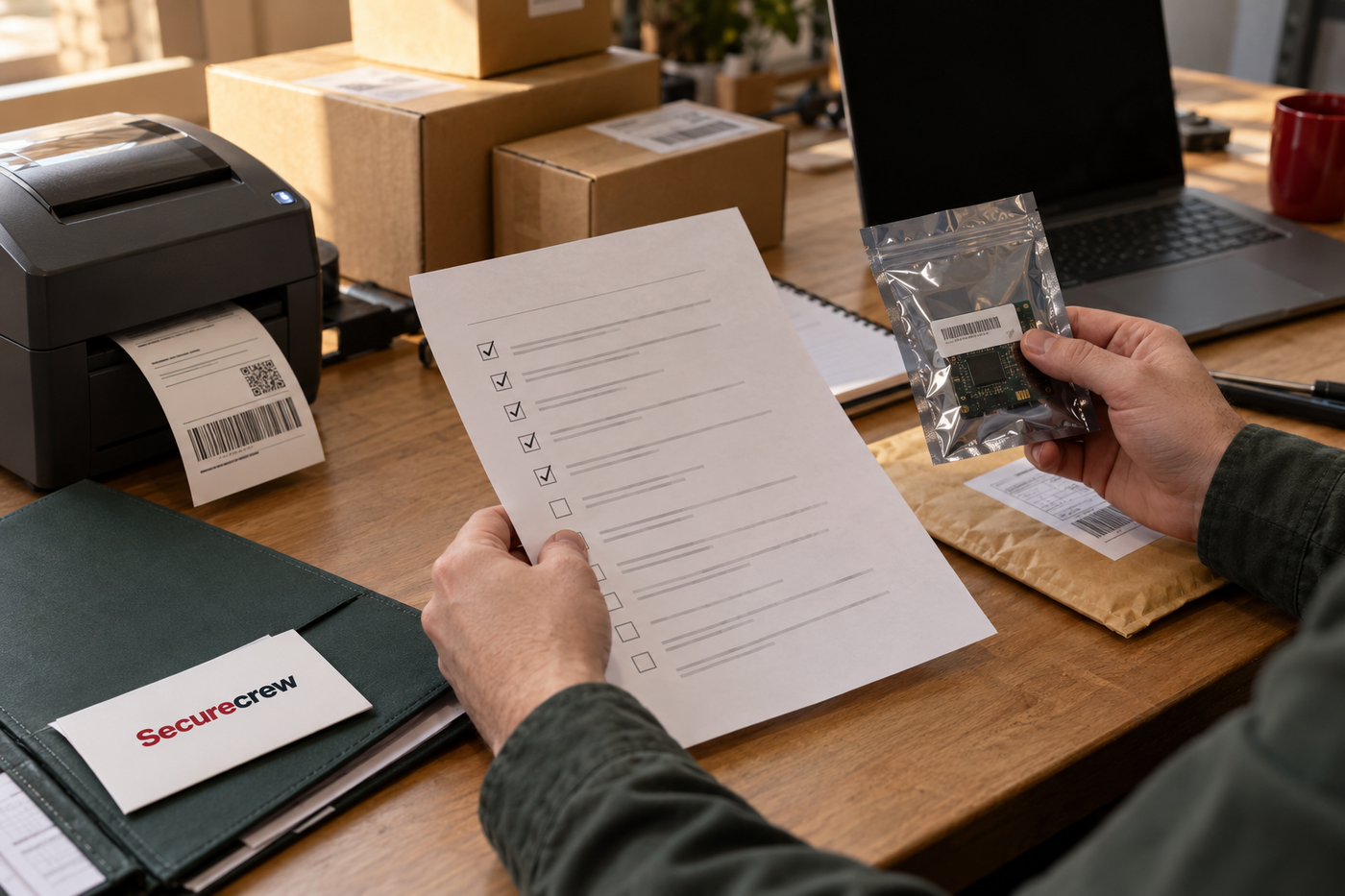 Manos de una persona revisan una lista de parches junto a una impresora de etiquetas, paquetes de comercio electrónico y una pequeña placa electrónica; una carpeta lleva el wordmark Securecrew.