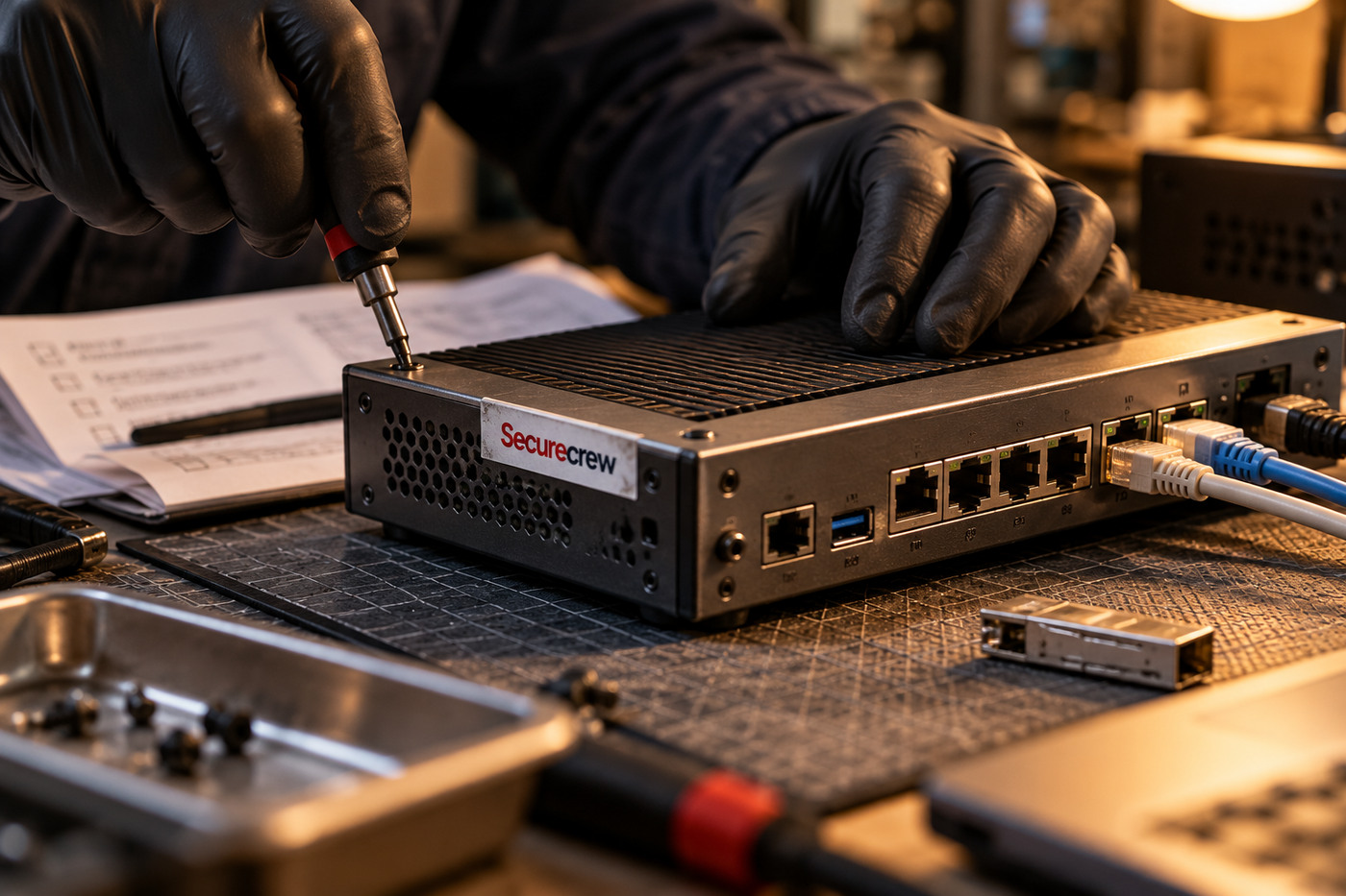 Manos enguantadas revisan un gateway VPN compacto sobre una mesa de servicio, con una etiqueta Securecrew integrada en el frontal.