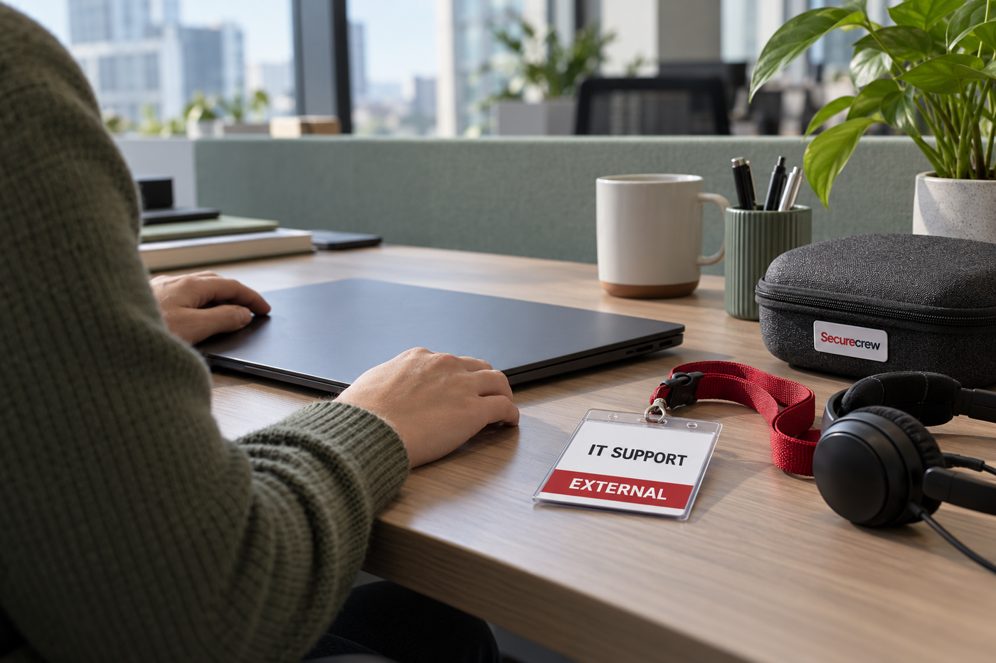 Una persona en un escritorio frente a un portátil cerrado; en primer plano hay una credencial que dice IT SUPPORT y EXTERNAL, junto a unos auriculares y una funda marcada Securecrew.