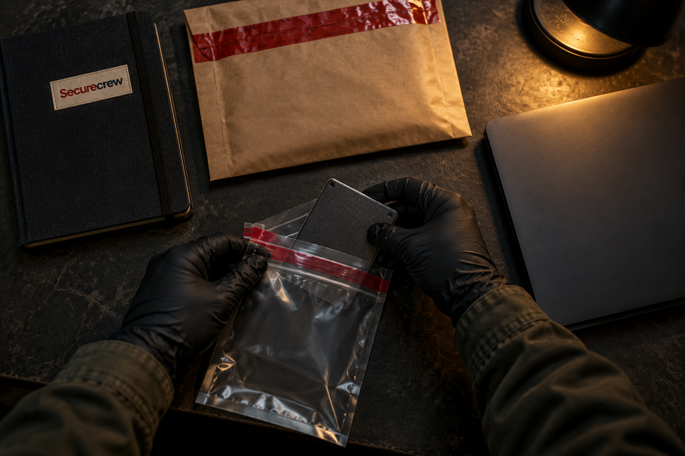 Manos con guantes colocan una unidad de almacenamiento sin marca en una bolsa de evidencia junto a un sobre sellado, un cuaderno con el wordmark Securecrew y un portátil cerrado.