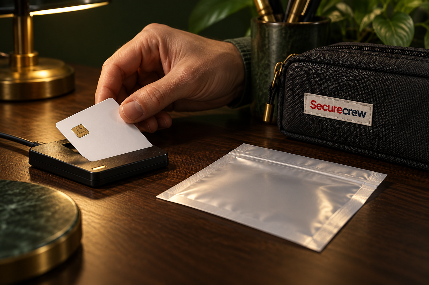 Una mano retira una tarjeta con chip de un lector de sobremesa junto a un sobre transparente y un estuche técnico con el wordmark Securecrew.