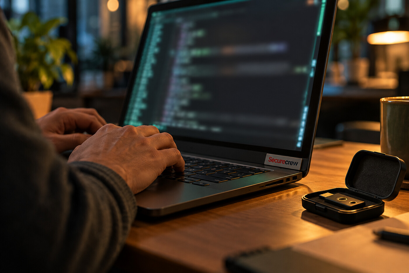 Manos configuran un portátil con la pantalla del CLI desenfocada y un estuche de llave de seguridad sobre la mesa; la etiqueta Securecrew está fijada junto a la bisagra.