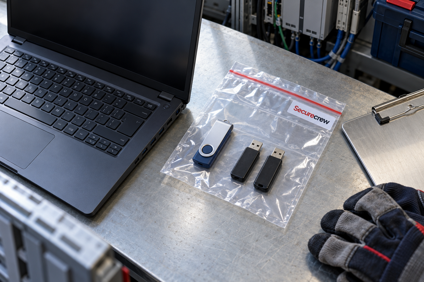 En una mesa de mantenimiento, un portátil de pantalla apagada queda junto a una bolsa de evidencia con tres memorias USB sin marcar y una pequeña etiqueta Securecrew.