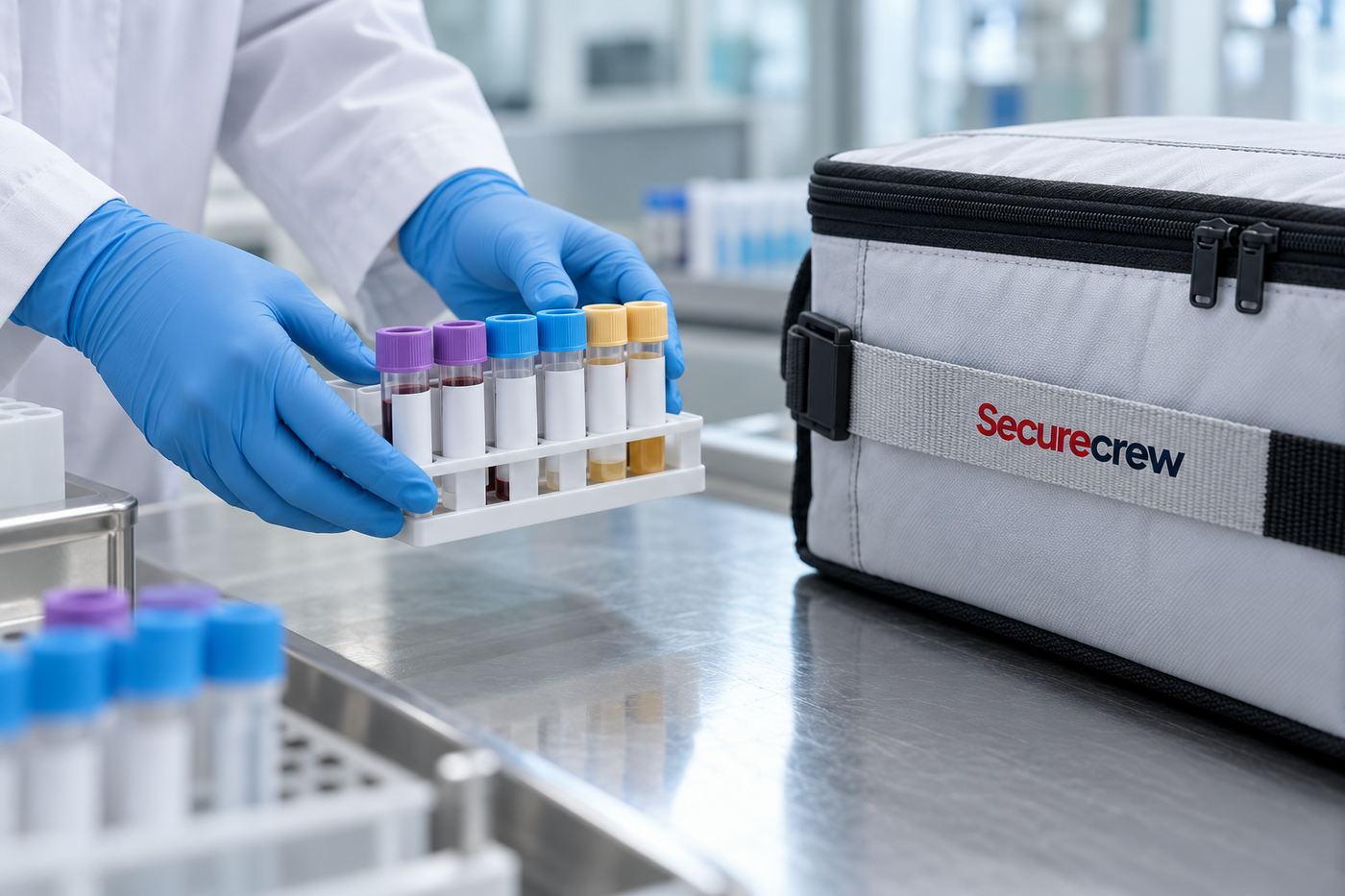 Una persona con guantes transfiere tubos de muestras anónimos a un contenedor térmico de laboratorio con el wordmark Securecrew en la correa.