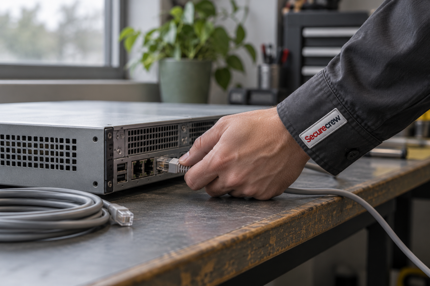Una mano conecta un cable Ethernet a un servidor compacto sobre una mesa de mantenimiento; el puño de la camisa lleva el wordmark Securecrew.
