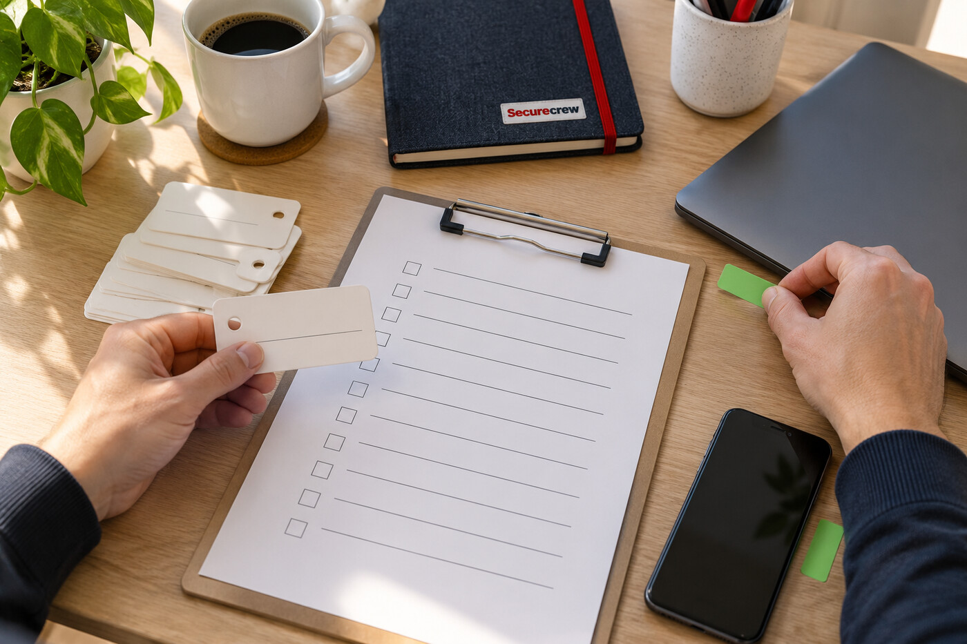Dos manos preparan una lista de cambios junto a un portátil cerrado; una etiqueta verde y el wordmark Securecrew aparecen en el cuaderno.