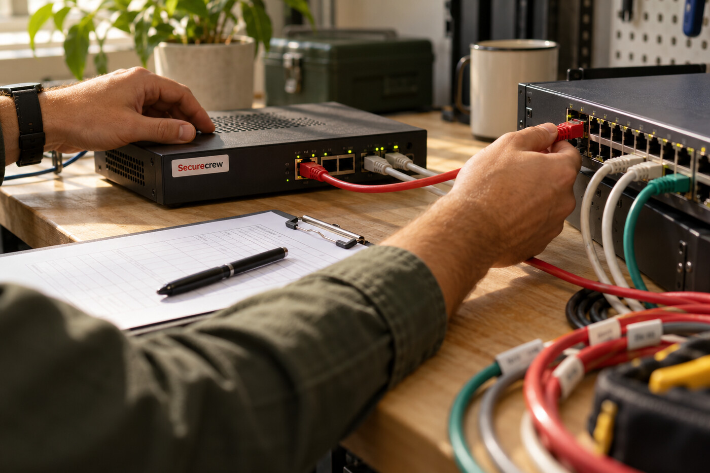 Un técnico conecta un cable rojo entre un cortafuegos compacto y un switch mientras revisa una hoja de trabajo; Securecrew aparece en una etiqueta del equipo.