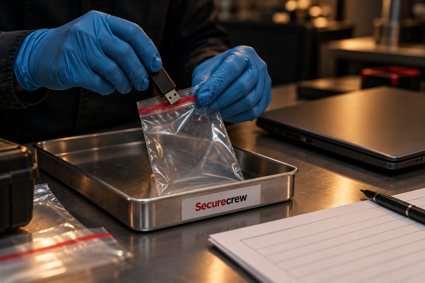 Manos con guantes introducen una memoria USB sin identificar en una bolsa de evidencia junto a un portátil apagado; Securecrew aparece en la etiqueta de la bandeja.