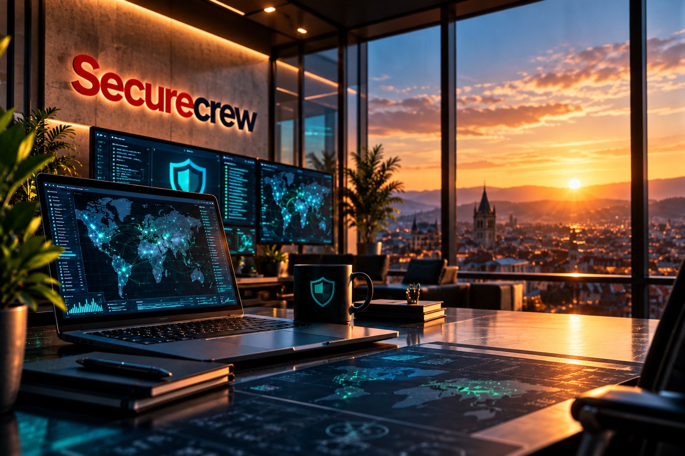 Sala moderna de análisis de ciberseguridad con pantallas de monitoreo, el wordmark rojo y negro de SecureCrew integrado en la pared y una ciudad iluminada al amanecer.