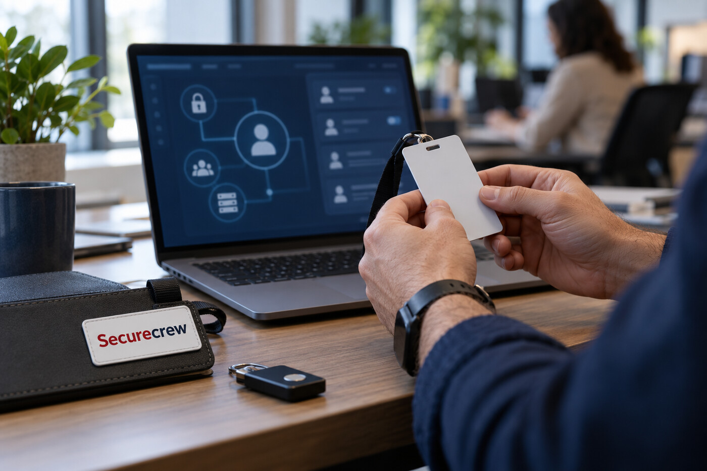 Una persona revisa una tarjeta de acceso junto a un portátil con una interfaz de permisos desenfocada; el wordmark Securecrew aparece en la funda de la credencial.